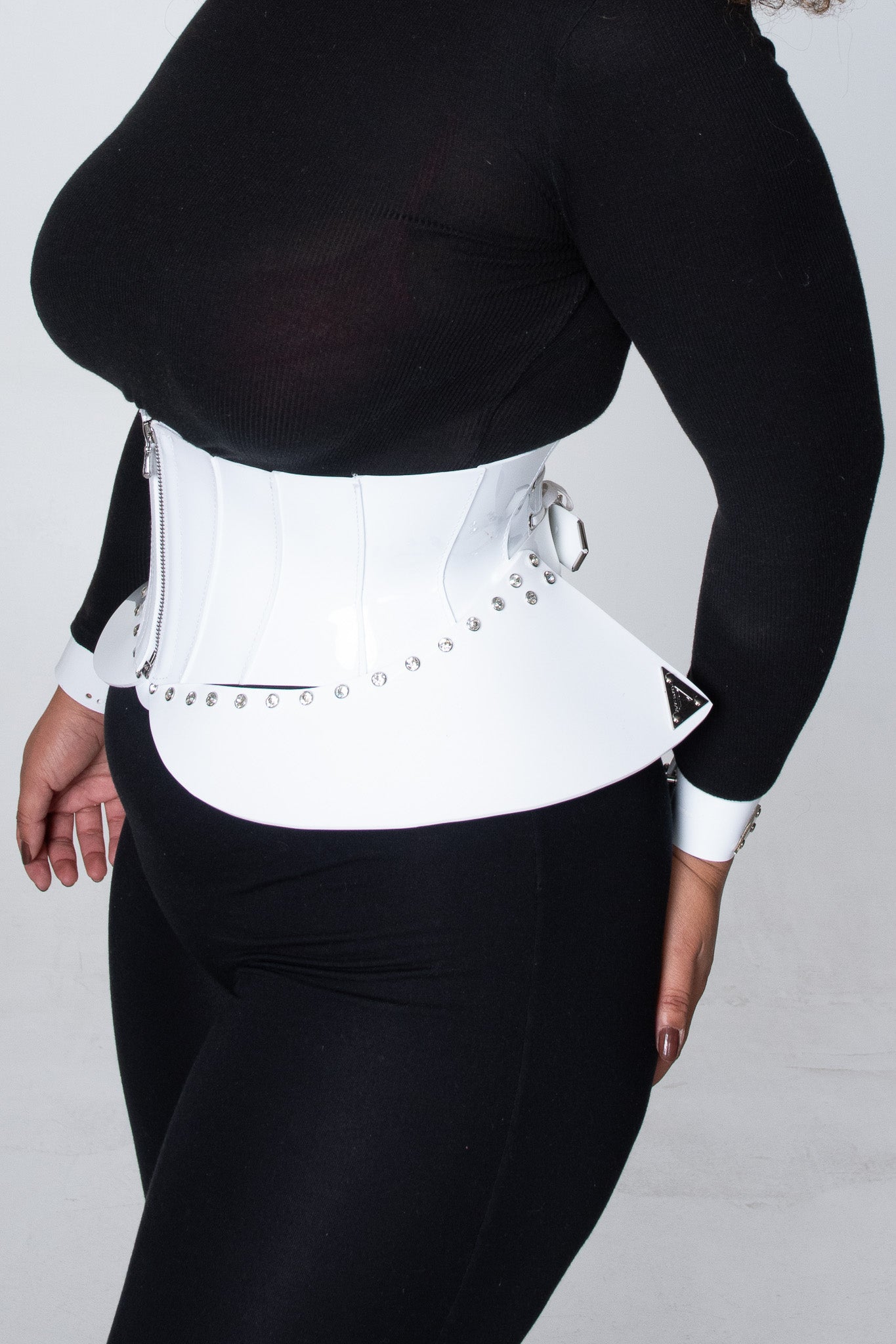 Sleek and modern shiny white Violetta corset belt designed to accentuate curves