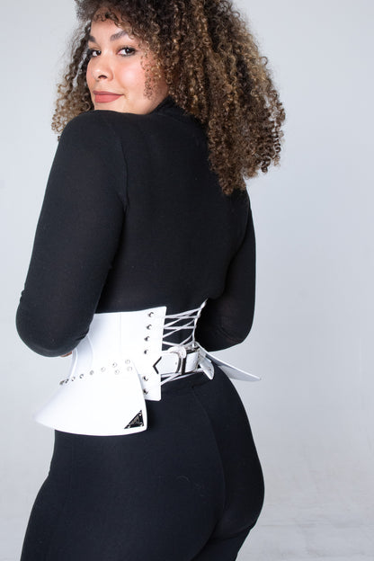 Sophisticated shiny white Violetta corset belt featuring a slimming effect and elegant finish