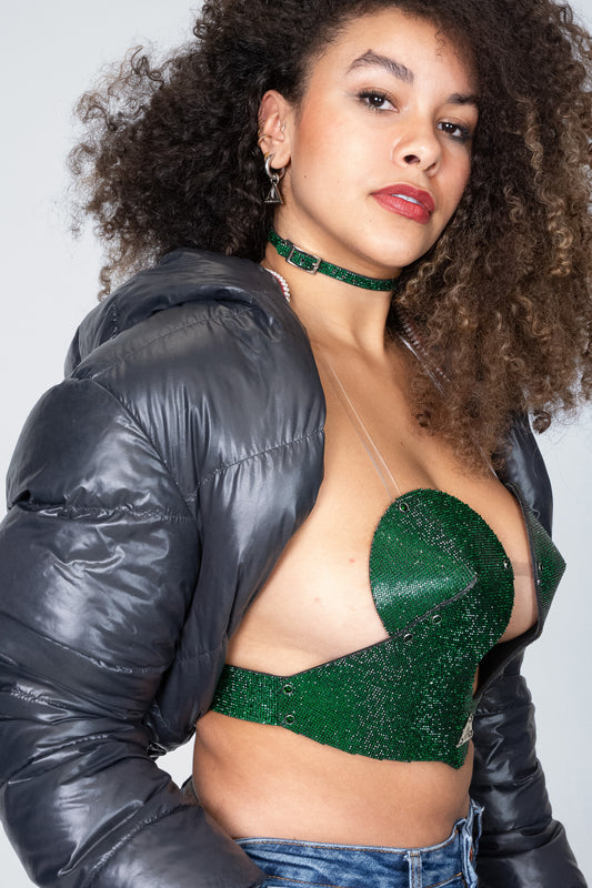Sleek emerald green MIKEY Bra crafted from our sparkly material for an elegant look