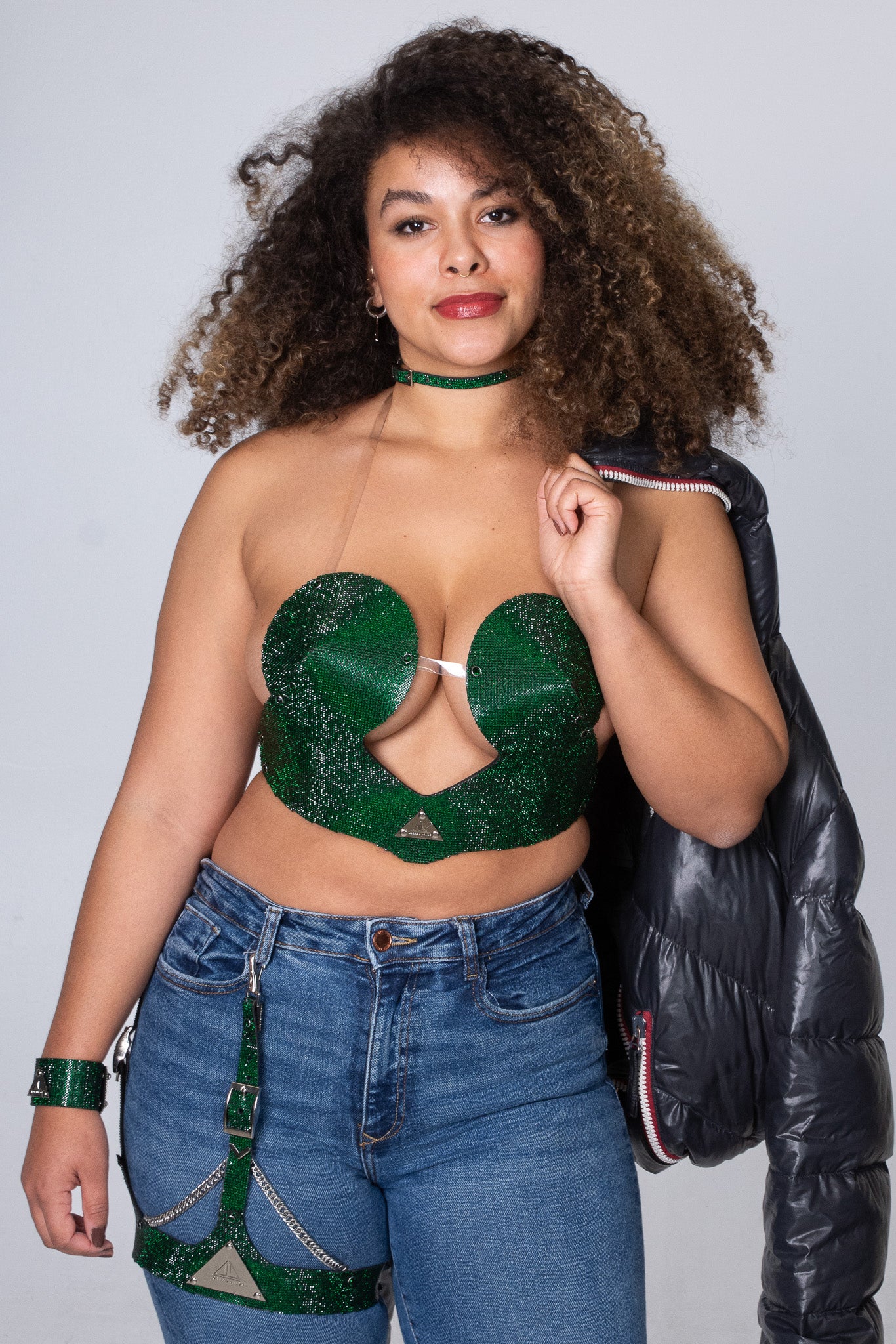Chic emerald green MIKEY Bra with a fashionable graphic design, adding vibrancy