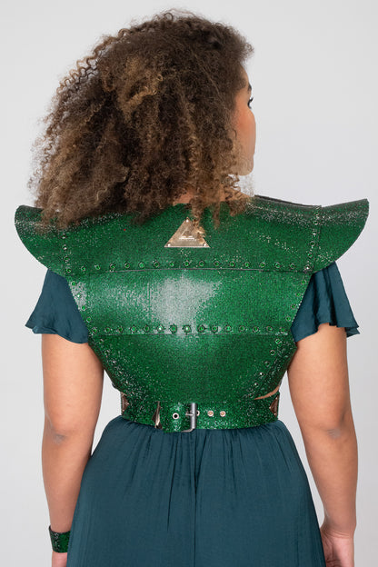 Fashion-forward PAGODA Jacket featuring a cropped silhouette in rich emerald green crystal