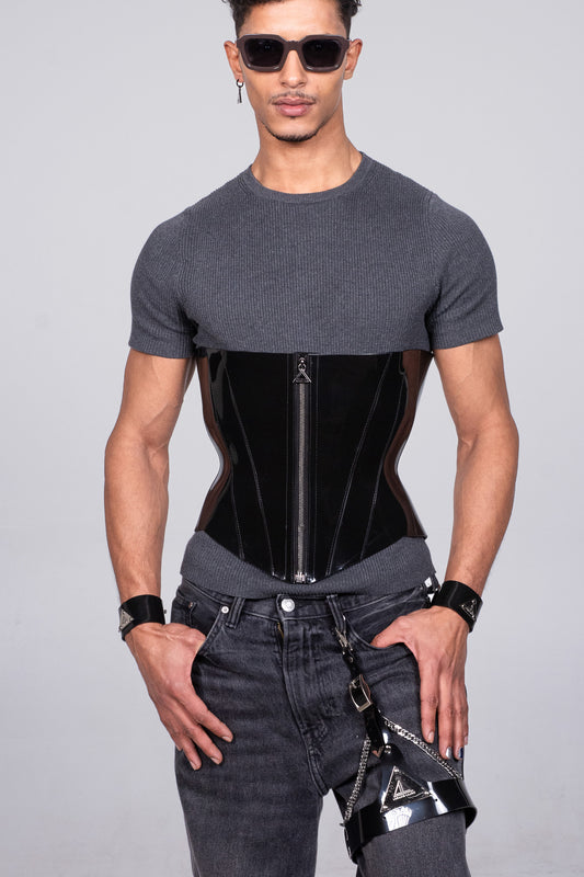 Sleek unisex black vinyl corset, perfect for adding a touch of edgy glamour to any outfit