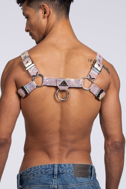 Eye-catching multicolored crystal H-Harness designed to elevate your look at gay nightlife gatherings.