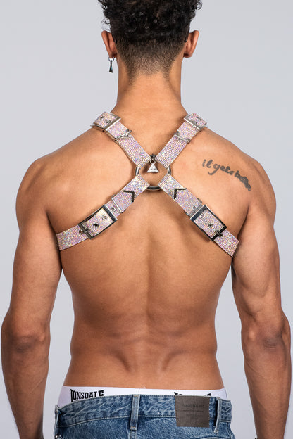 Glamorous multicolor crystal-covered X-Harness, adding a burst of color and sparkle to your ensemble for gay parties.