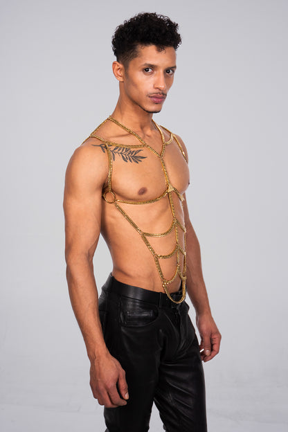 The fashion accessory in this picture is a golden body chain. the masculine shape andf havy chains are enhancing the shape of the models six pack.