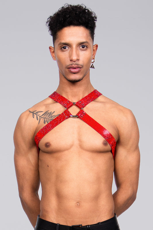 Bold red crystal-adorned X-Harness, exuding confidence and style for men who want to make a statement at LGBTQ+ parties.