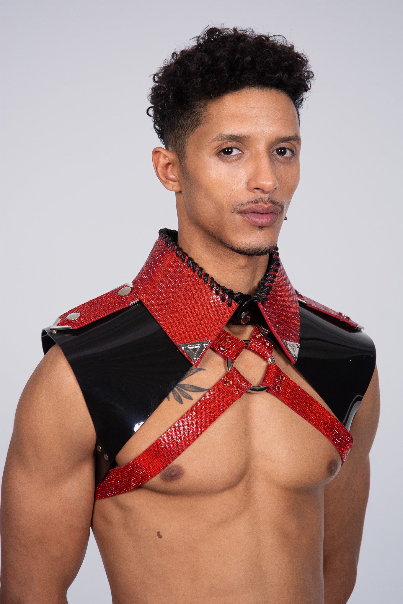 Glamorous red crystal-covered X-Harness, adding a touch of sparkle and sophistication to your ensemble for gay parties.