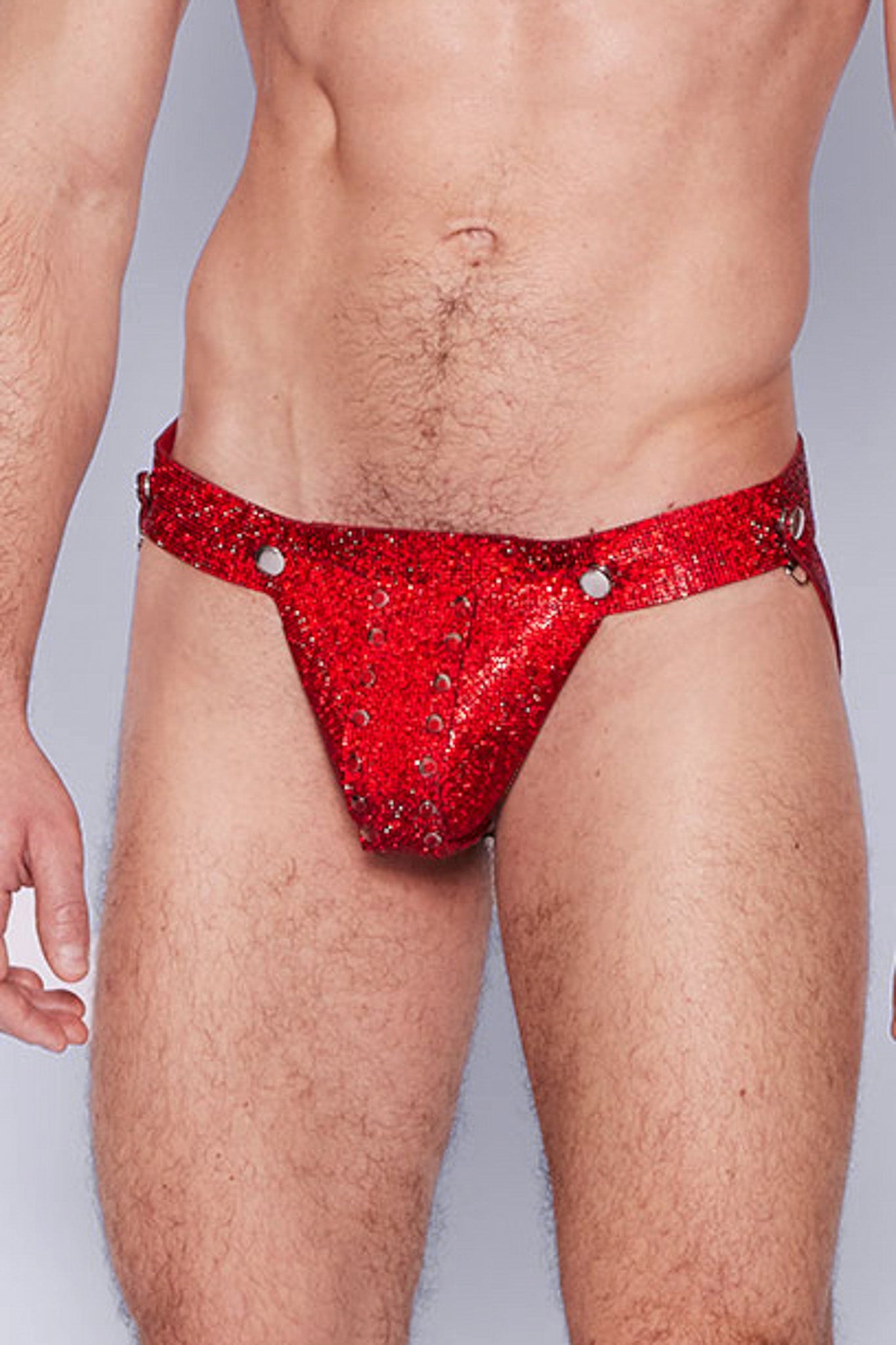 Seductive red crystal jockstrap, a daring and glamorous choice for adding flair to your intimate wear collection.