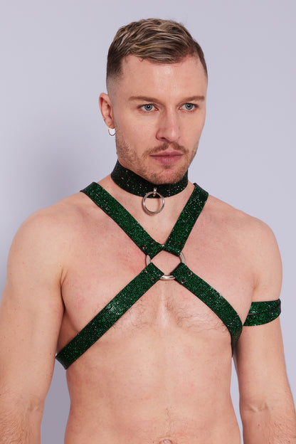 Elevate your look with the luxurious emerald green crystal-covered X-Harness, perfect for adding a hint of opulence to your ensemble.