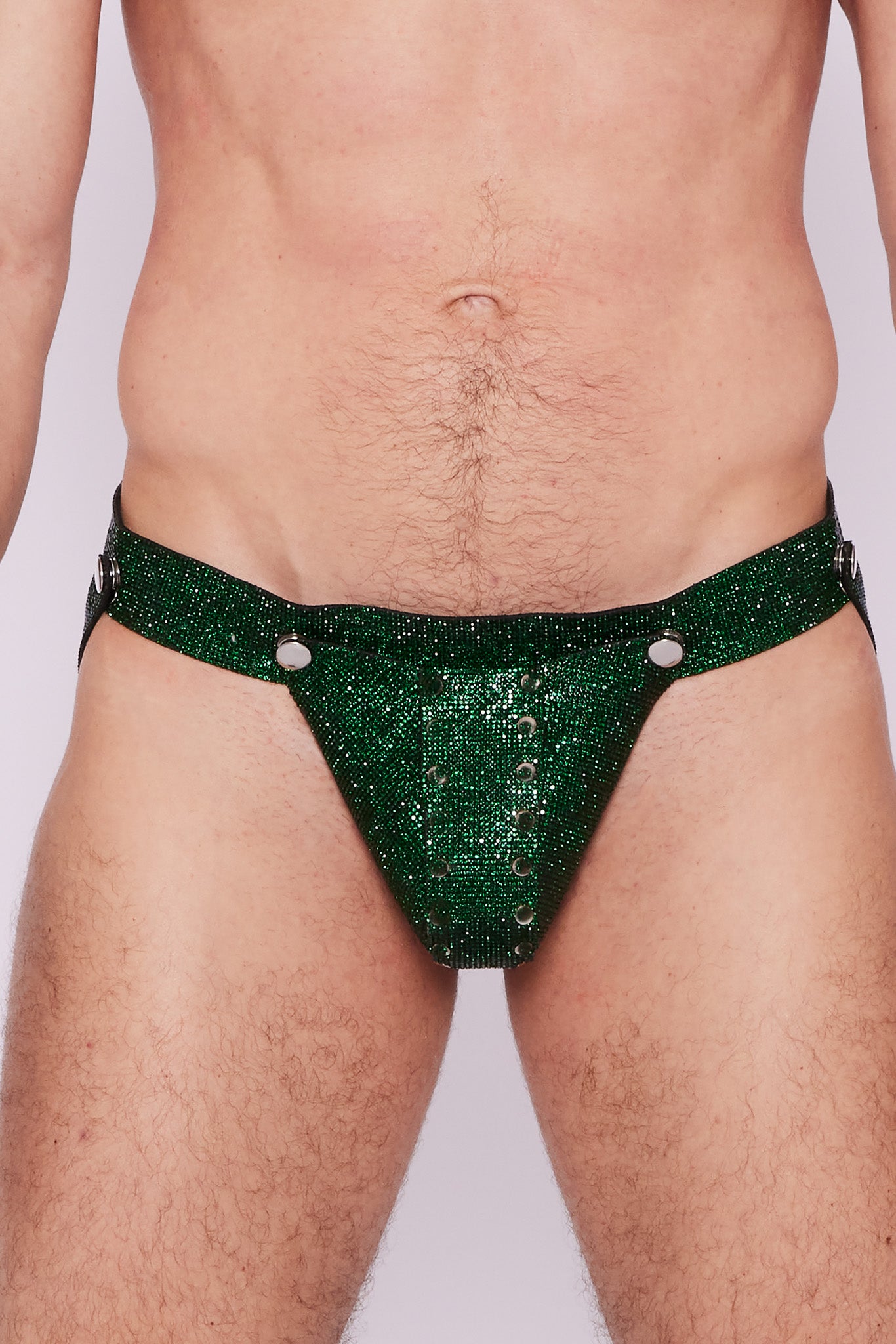 Radiate glamour with the emerald green crystal jockstrap, a dazzling and enchanting piece that demands attention.
