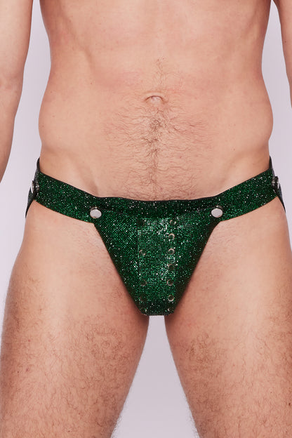 Radiate glamour with the emerald green crystal jockstrap, a dazzling and enchanting piece that demands attention.