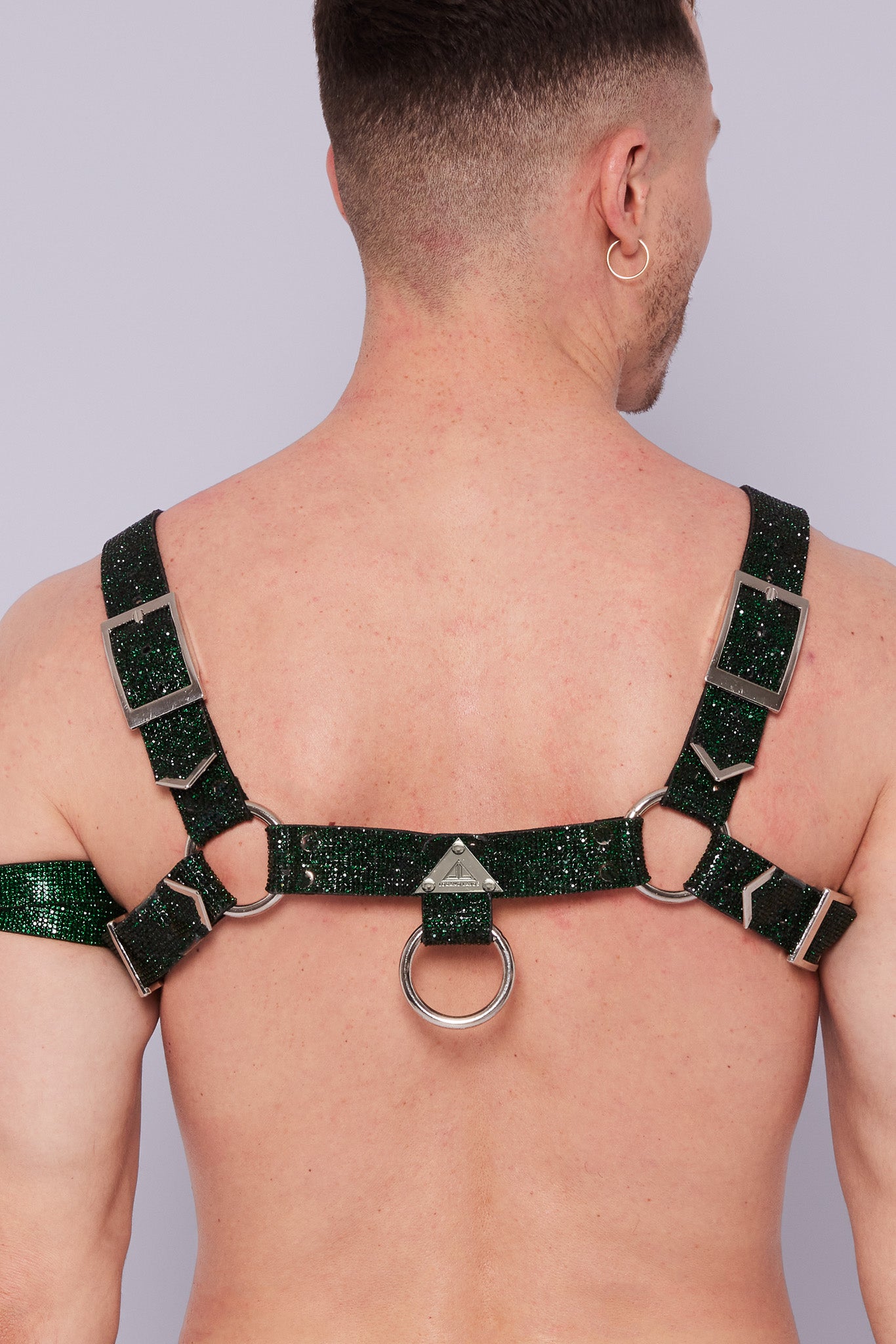 Elegant emerald green crystal-adorned H-Harness, exuding sophistication and style for men who want to make a statement at LGBTQ+ gatherings.