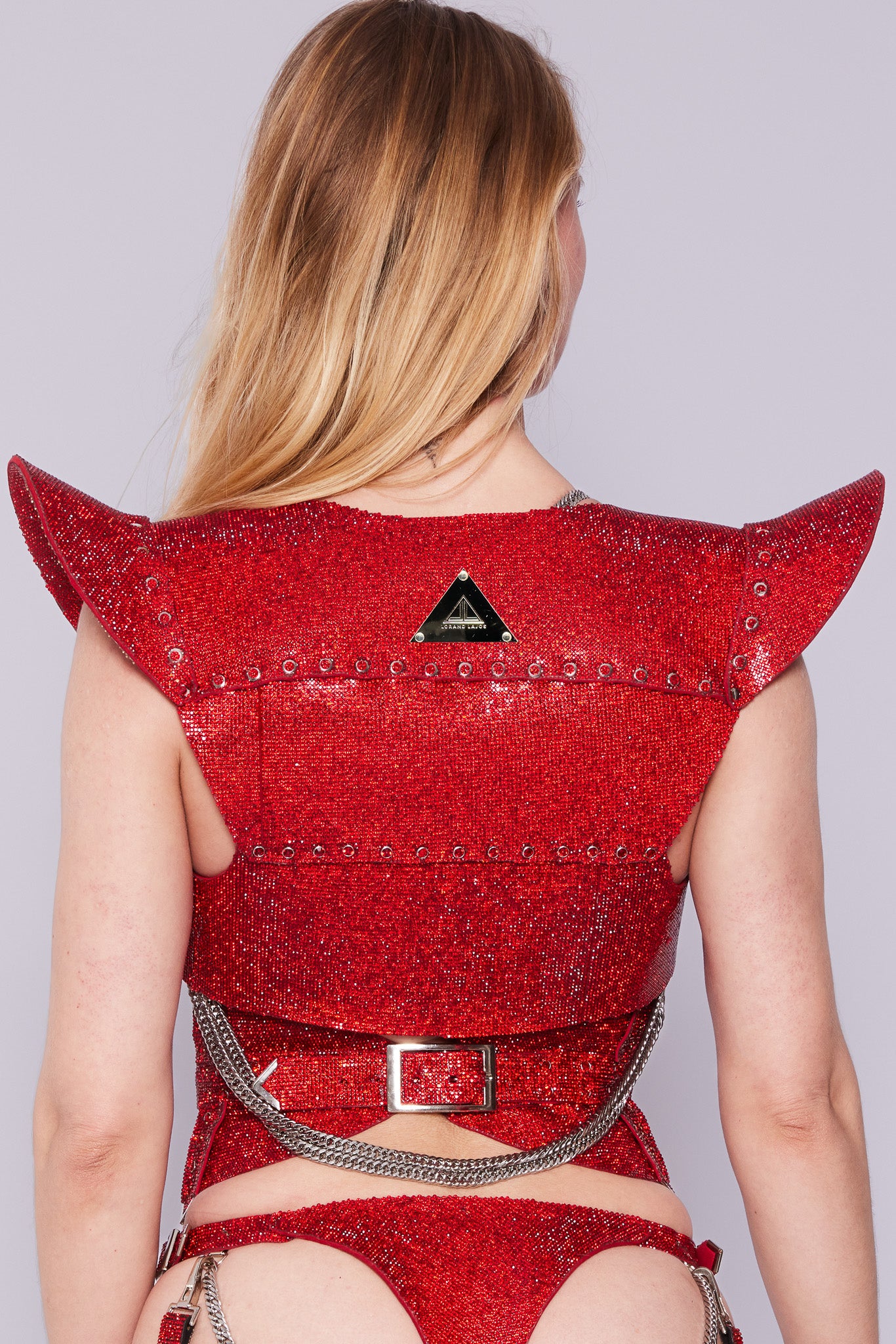 Statement cropped jacket crafted from luxurious red crystal material, ideal for making a bold fashion statement
