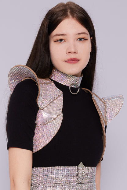 Trendy cropped jacket with a hint of glamour, crafted from shimmering multicolor crystal material