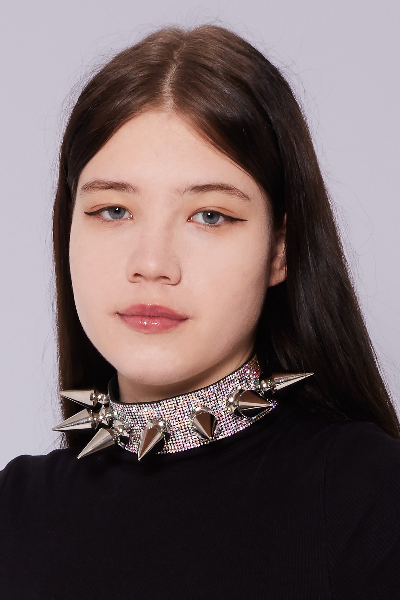 Edgy red stud choker adorned with shimmering materials and oversized 8cm studs