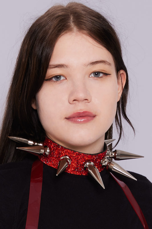 Bold red stud choker with 8cm long studs, featuring a glam punk style