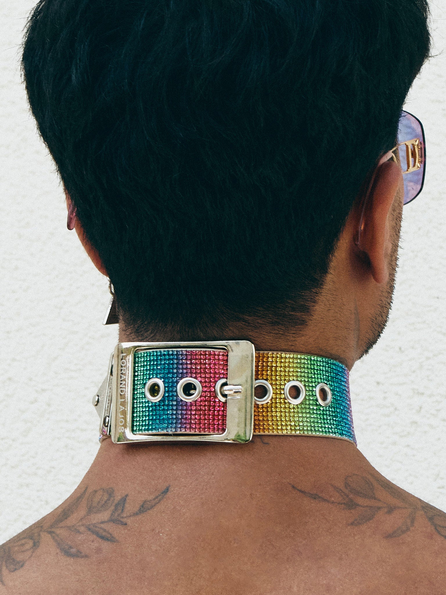 picture for our crystal rainbow pride choker with ring by Lorand Lajos backside with shiny buckle