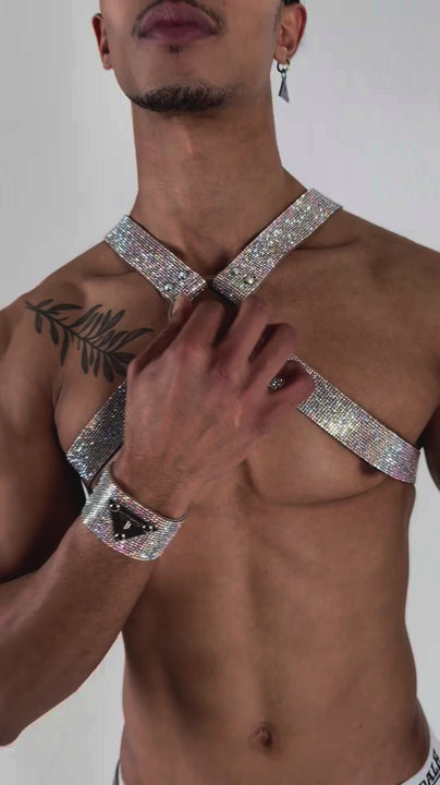 Eye-catching multicolor crystal X-Harness designed to capture attention and showcase your unique fashion sense at gay nightlife events.