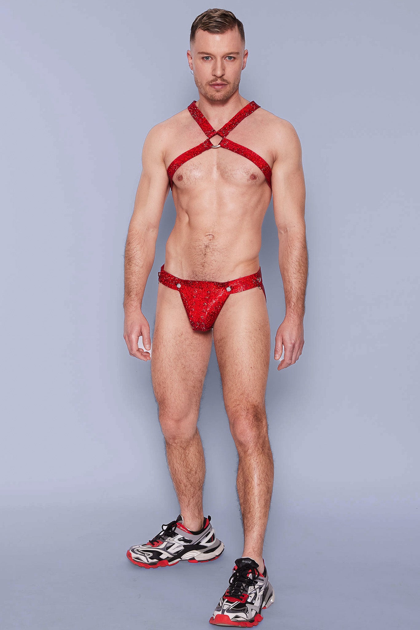 Command attention with the fiery red crystal jockstrap, designed to ignite passion and confidence in the bedroom.